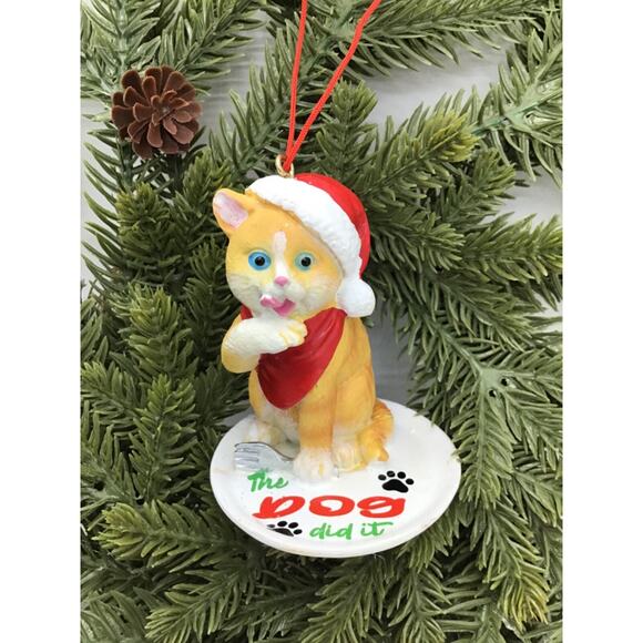CAT Christmas Ornament 'The Dog Did It' Licking Paws Humorous Feline - Picture 3 of 7
